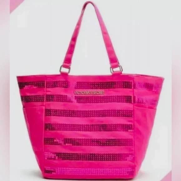 Victoria Secret Hot Pink Sequin Tote Canvas Striped Overnight Shoulder Bag New - Picture 11 of 14
